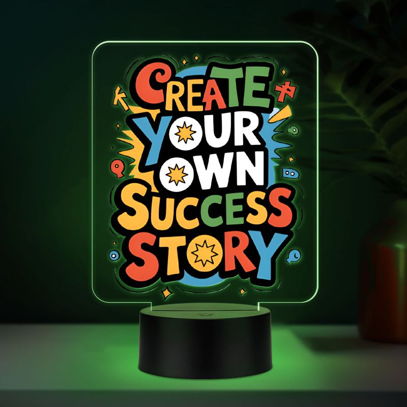 Motivational Create Your Own Success Story Quote Printed LED Desk Table Light with Automatic Color Changing Frame Inspirational Gift for Students, Friends, Men & Women
